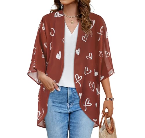 Image of Women's Valentine's Day Puff Sleeve Kimono Cardigan Loose Cover Up Casual Blouse Tops (White Red Heart,M)