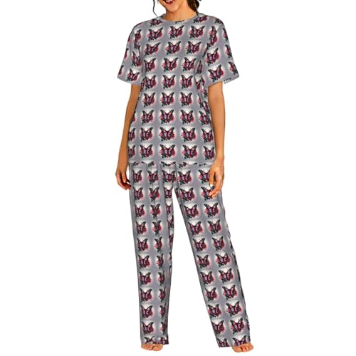 Pyjama léger manches courtes femme en maille douce rose et papillon