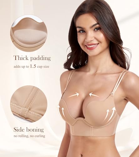 DotVol Women's Deep Plunge Low Cut Push-Up Backless Underwire Convertible U-Neck Bra(Nude, 38D) - Image 3