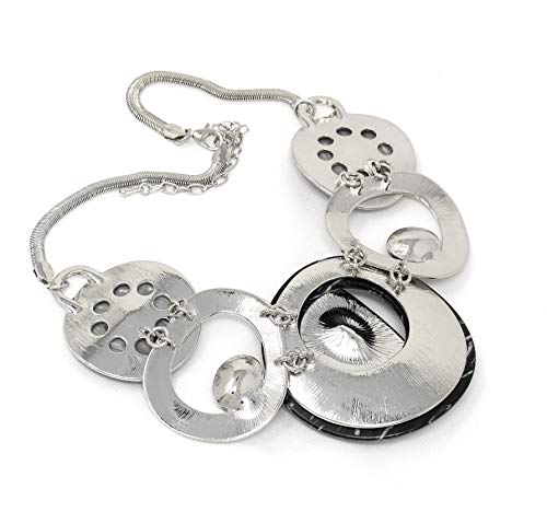 Fashion 21 Women's Celluloid Acetate Oval Disc Glass Stone Metal Link Statement 17"+ Extension Link Necklace (Silver + Black Tone) #TOP3