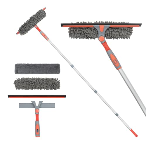 Image of Window Squeegee Cleaning Tool with 63 inch Long Handle, 14 inch Streak-Free Blade, Machine Washable Microfiber & Chenille Pads, Rotatable Head for Glass, Mirrors, Shower, Car, High Windows