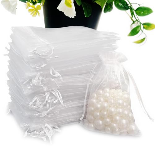 Image of SIAGCRAW Organza Bags 4 inchx6 inch, 100Pcs Small Mesh Drawstring Pouches | White Organza Bags for Jewelry, Candy, Party Favors, Small Sachet Wrap, Storage Supplies