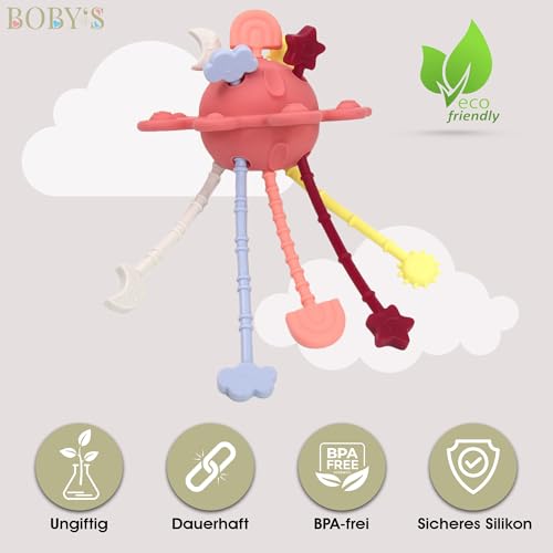 BOBY´S Activity Greifball, Sensorischer Beißring, Motorik-Spielzeug, Montessori-Frühbildung für Babys von 0-36 Monaten (Rot)
