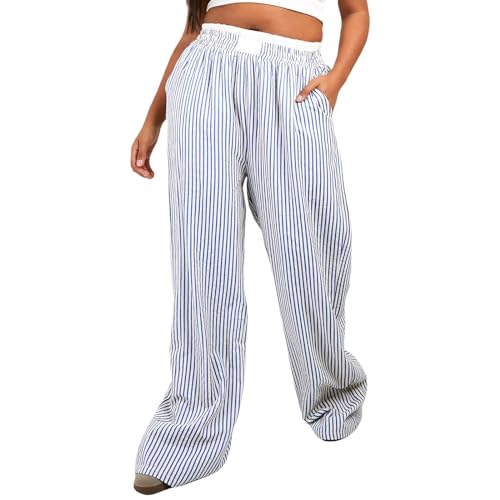 Owl's-Yard Women Y2K Stripe Print Pants Elastic Waist Dreawstring Wide Leg Trousers Striped Casual Lounge Pants with Pockets