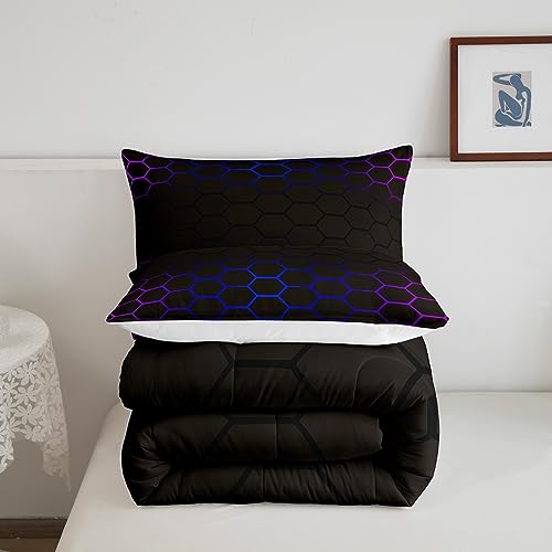 Image of Purple Blue Ombre Hexagon Comforter Set Full Size, Geometrics Honeycomb Bedding Set for Boys Girls Hexagonal Geometrical Blue Black Comforter Abstract Duvet Set Microfiber Bed Set