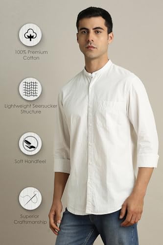 Image of Peter England Men's Casual Mandarin Collar Slim fit Full Sleeve Shirt in 100% Cotton Seersucker with Striped Design