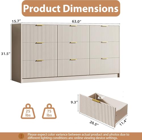 Image of MAISONARIA Beige 9 Drawer Dresser for Bedroom, 63 inch Wide Modern Fluted Dresser with Gold Metal Handles, Chest of Drawers for Bedroom, Living Room, Entryway, Hallway