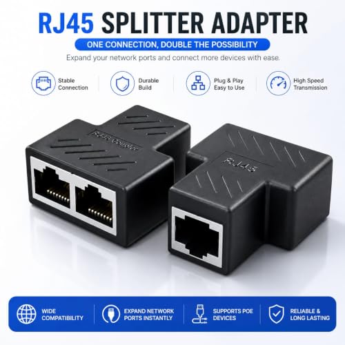 Image of FORIDA RJ45 Ethernet Splitter 1 Female to 2 Female LAN Adapter, 8P8C Network Coupler Connector for Cat5 /Cat5e /Cat6 /Cat7 Ethernet Cables, Internet Cable Splitter for PC, Laptop, Router, Network Devices
