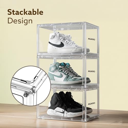 Image of AGARO Stackable Shoe Storage Box Organizer | Heavy Duty, Transparent, Plastic Sneaker Crates Container with Magnetic Door |Space Saving|Organizer for Men & Women| Fits up to Size UK 12 | Pack of 12