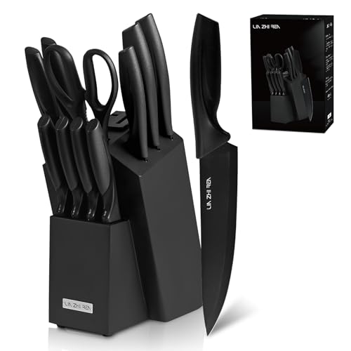 LIN ZHI REN 13-Piece Kitchen Knife Set with Knife Holder Rack, Built-in Sharpener, Ergonomic Handles, Dishwasher Safe, Black