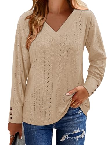KISSMODA Long Sleeve Fall Shirts For Women V Neck Tunic Tops Embroidered Button Down Knitted Blouses 2025
