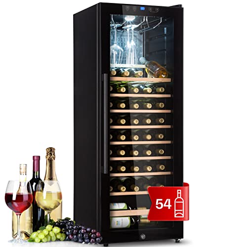 Klarstein Barossa - Vinoteca, Nevera para vinos, 2 zonas, Temperatura regulable 5-18 °C, Estantes de madera rebatibles, Pantalla LCD, Iluminación interior LED, Puerta de vidrio, 54 botellas, Negro