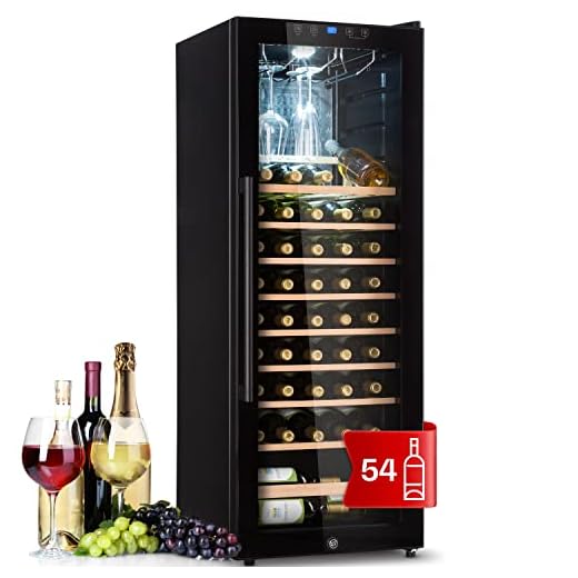 Klarstein Barossa - Vinoteca, Nevera para vinos, 2 zonas, Temperatura regulable 5-18 °C, Estantes de madera rebatibles, Pantalla LCD, Iluminación interior LED, Puerta de vidrio, 54 botellas, Negro