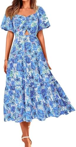 BTFBM Women's Clothing Summer Dresses 2025 Beach Vacation Square Neck Short Sleeve Smocked Back Boho Casual Floral Maxi Dress