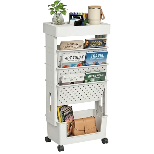 yeavs 5-Tier Mobile Bookshelf, Rolling Bookcase Book Storage Rack, Movable File Folder Organizer Cart with Wheels for Home Study Office Living Room Classroom, White