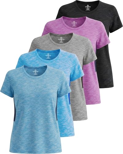 Image of Real Essentials 5 Pack: Women's Dry Fit Tech Stretch Short-Sleeve Crew Neck Athletic T-Shirt Available in Plus Size Set Medium