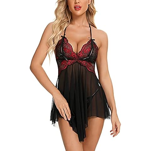 BESDEL Women's Sexy Lingerie V Neck Nightwear Sexy Chemise Nightie Halter Mesh Chemise Lace Babydoll Sleepwear Black Red M Cover
