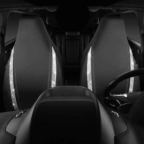 Image of CAR PASS Leather Car Seat Covers Front Two Tesla Model 3 Model Y, Bling Waterproof Universal fit High Back Bucket Diamond Shining Glitter Crystal Sparkle, Truck SUV Cute Women Girl, Silver Rhinestone