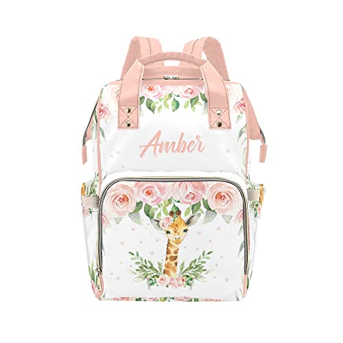 Watercolor Pink Floral Giraffe Diaper Bags Backpack with Name Personalized Baby Bag Travel Tote Bag Gifts for Mom Girl