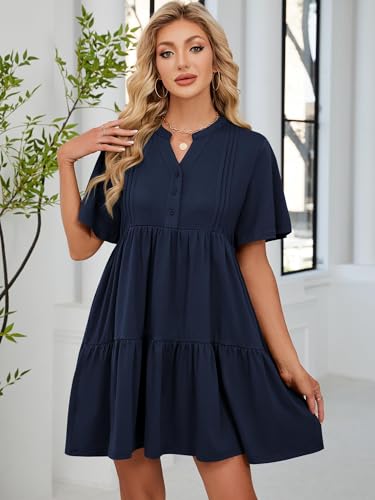 ZAFUL Womens Summer Dress 2025 Short Seeve V Neck Casual Beach Aline Tiered Mini Dress with Pockets3