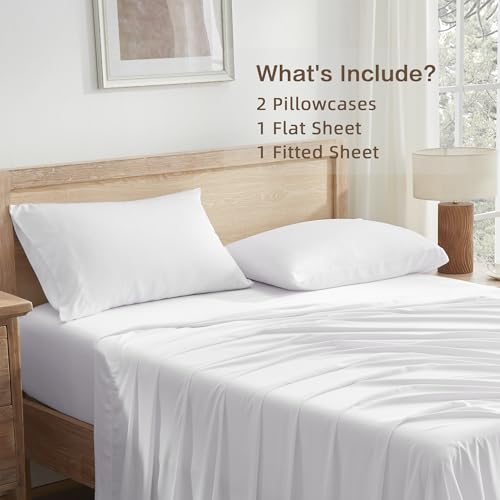 Image of Andency White Full Sheets Set 100% Viscose Derived from Bamboo | Cooling Summer Sheets, Deep Pocket Up to 16 inch, Silky Soft Hotel Luxury Breathable Bedding Sheets & Pillowcases