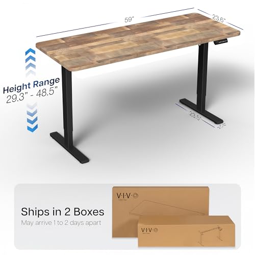 Image of VIVO Reclaimed Wood 60 x 24 in Standing Desk, DESK-KIT-1B6P | Electric, Holds 220 lbs, Sit Stand, Height Adjustable, Solid One-Piece Table Top, Memory Presets, 1B Series, Black Frame