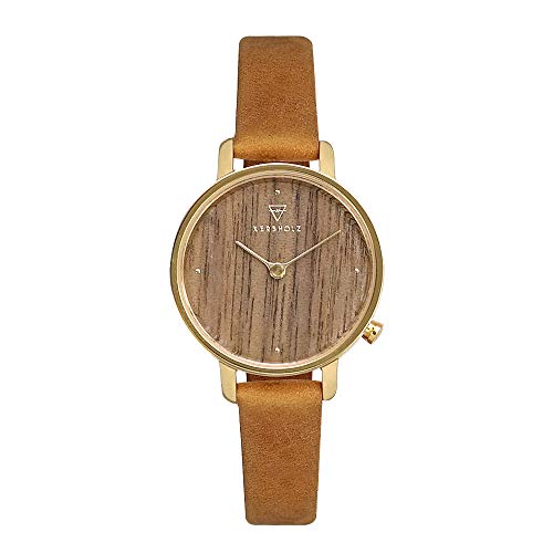 Preisvergleich Produktbild KERBHOLZ Holzuhr Elements Collection Emma analoge Damenuhr, Quarz Uhr, Naturholz Ziffernblatt, echtes Lederarmband, Ø 30mm, Walnuss Senffarben
