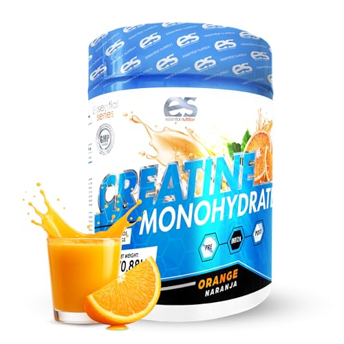Creatina Monohidrato en Polvo de Essential Nutrition 250-400gr | Sabor neutro,piruleta,naranja y limón | 3 gr por Dosis Diaria | Sello de Calidad Garantizada | Incluye dosificador (400 gr, Naranja)