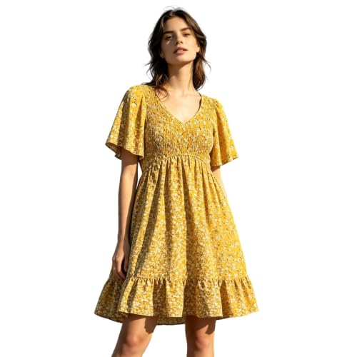 Robe florale femme col en V et manches cloche élégante pour été