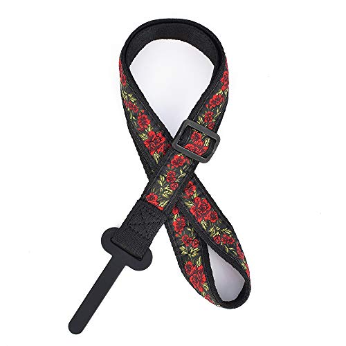 Image of CLOUDMUSIC Ukulele Strap Clip On No Drill J Hook For Soprano Concert Tenor Baritone With Hawaiian Colorful Floral Pattern (Red Roses)