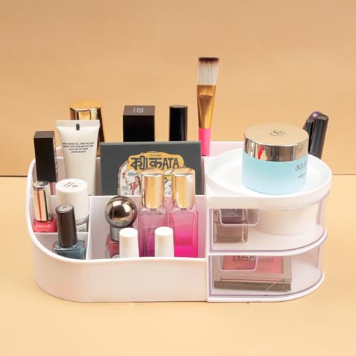 Image of Plastic Multipurpose Desk Cosmetics Organizer Tray Office Drawer Dividers Storage Bins for Kitchen, Bathroom, Office, Makeup, Bedroom Dresser, Craft Basket Rack Multicolour (White)