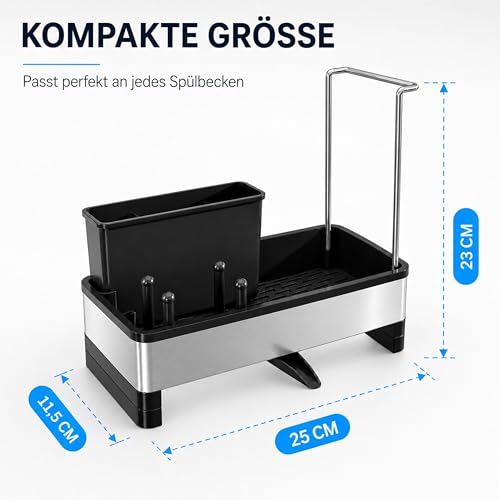Miniatura 2 de Urmona Organizador De Fregadero En Acero Inoxidable Con Bandeja De Drenaje Automático, Porta Esponjas Y Cepillos, Soporte Para Utensilios De Limpieza Gris