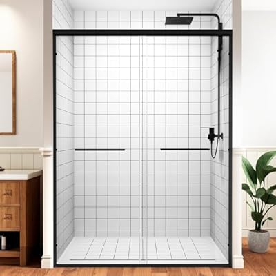Shower Door Double Sliding Glass Shower Door 44-48 in W. x 72 in. H, 1/4 inch Clear SGCC Tempered Glass Sliding Doors, Bathroom Shower Glass Doors with Explosion-Proof Film, Matte Black
