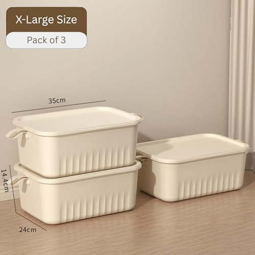 Image of KREPS Multi Purpose Plastic Storage Bins Stackable Organizer Boxes with Lids, Stackable Crates for Home & Kitchen, items like books, clothes, snacks, toys. (Pack Of 3, Medium - 39 X 27 X 24 CM)