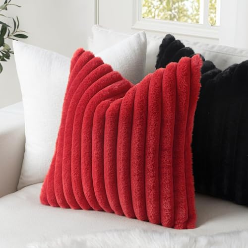 Image of MIULEE Faux Fur Decorative Throw Pillow Covers 12x20 Set of 2 Red | Modern Spring Home Decor Soft Plush Couch Pillows Cozy Fluffy Cushion Covers for Sofa Bed Living Room