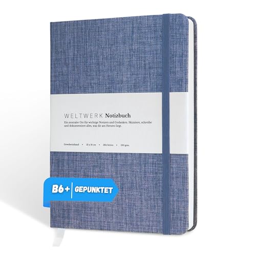 WELTWERK Notizbuch B6+ [Dotted, Marineblau] hochwertiges Notizbuch mit 100 g/m² Papier, Gewebeeinband & Gummiband – kleines Notizheft mit 264 Seiten für Bullet Journaling, Skizzen & Notizen