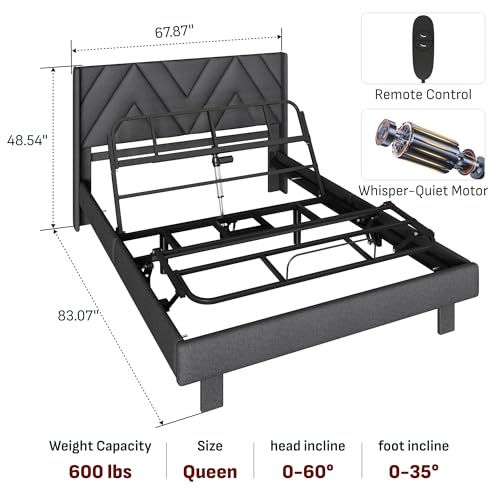 Image of Softa Queen All-in-One Adjustable Bed Frame with Upholstered Bed Frame Headboard, Electric Bed with Remote Control and Whisper Quiet Motor, 10-Year Warranty