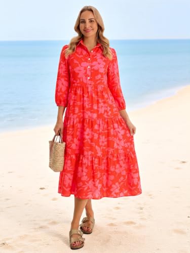 Image of Wenrine Womens Casual 3 /4 Sleeve Shirt Dress Button Down Flowy Maxi Dress