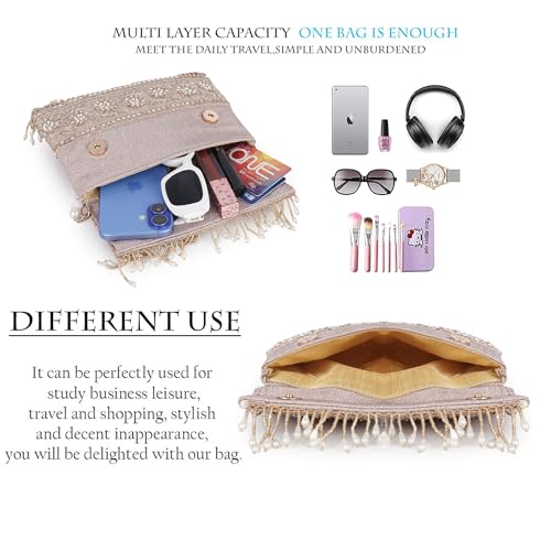 Image of Nevis PU Silk Fabric Women's Embellished bride Clutch with Pearl Handle | Fancy Designe & Wedding Potli Bag for Festive & Evening