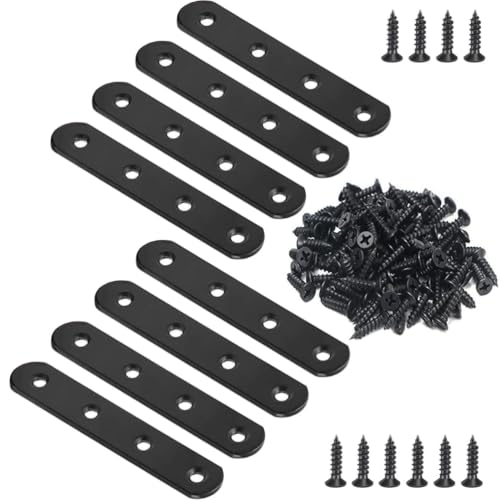 Image of 8 Pcs Black Flat Bracket 4 Inch Stainless Steel Straight Braces, Mending Plates Repair Fixing Brackets Heavy Duty Straight Repair Joining Plates with Screws