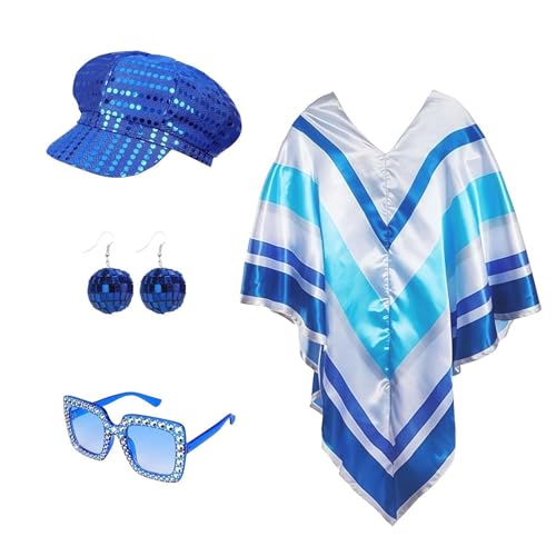 4 PCS Fancy Dress Costumes for Women, 70s Pop Poncho Fancy Dress Women Accessories Disco Costumes, Disco Accessories Sequin Beret Hat Earrings Square Sunglasses for Retro Party 70 Theme Party Dance