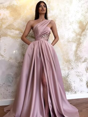 One Shoulder Satin Prom Dress with High Slit A Line Ball Gown Long Evening Formal Dress for Women3