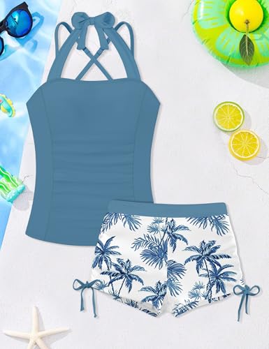 Image of Girls Swimsuit Two Piece Bathing Suit Ruffle Trim Swimsuits for Girls Tankini with Drawstring Shorts Swimwear 9-18Y