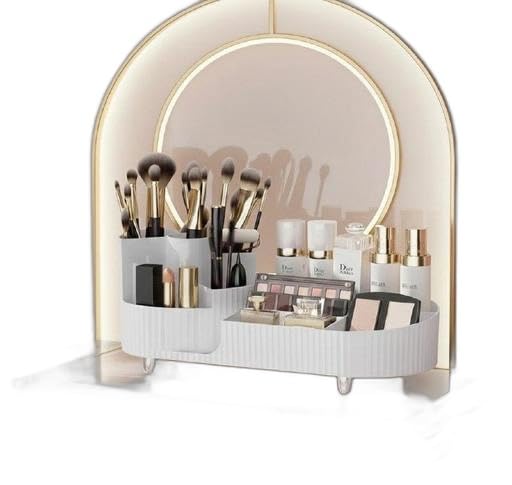 Makeup Organizer with 360° Rotating Brush Holder and Multi-Compartment Storage for Dressing Table, Skincare, Cosmetics and Accessories (White) |PAR-P2327-image-45