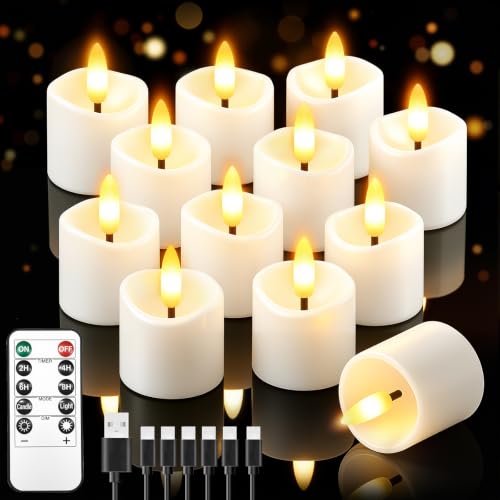 Image of 12 Pack Small Rechargeable Flameless Candles with Remote Timer | 1.5 inchx2 inch LED Tea Lights Votive Fake Candles Flickering Mini Candles Battery Operated for Halloween Wedding Party Home Decor