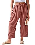 TARSE Womens Linen Wide Leg Pants Casual Loose Drawstring Low Waist Summer Beach Palazzo Harem Pants with Pockets(DustyRose,XL)