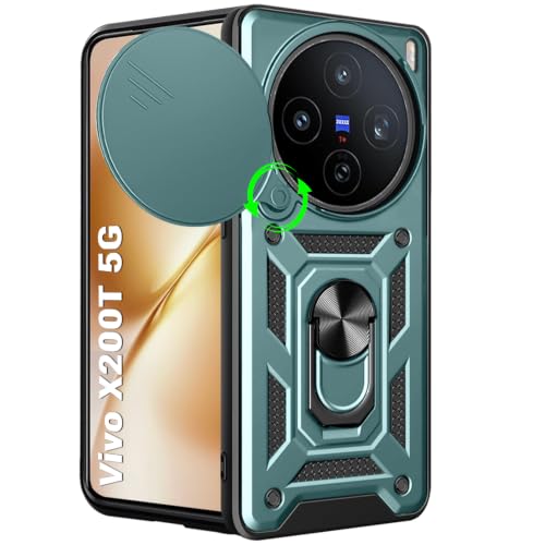 Image of TheGiftKart Tough Armor Bumper Back Cover Case for Vivo X200T 5G | Sliding Camera Cover, Kickstand & Ring Holder | 360 Degree Protection Back Cover Case for Vivo X200T 5G (PC & TPU, Green)