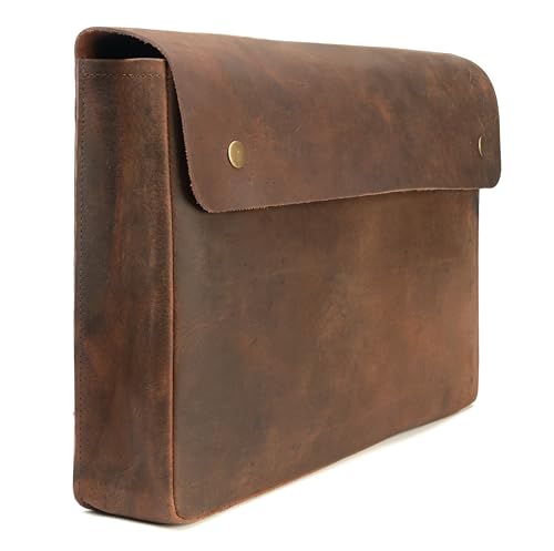 WANDERINGS Carpeta de Cuero Genuino de Grano Completo con Correa Extraíble - Organizador de Documentos Folio Hecho a Mano - Portadocumentos de Cuero - Compatible con Tabletas y Portátiles de 15', 14