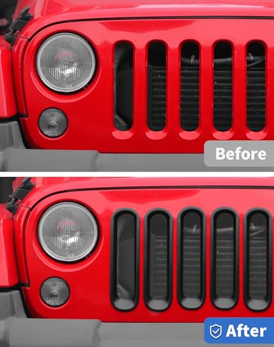 Image of 7Pcs Front Grille Inserts Guard for Jeep Wrangler JK 2007-2017 Matte Black Front Mesh Grille Cover Guard Clip-in Trim Cover, Matte Black