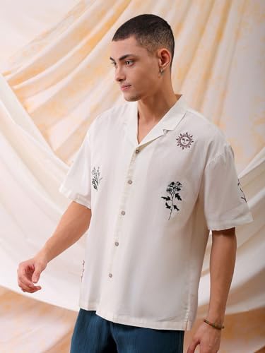 Image of The Indian Garage Co Men Relaxed Fit Placement Embroidered Half Sleeves Cuban Collar Resort Wear Shirt